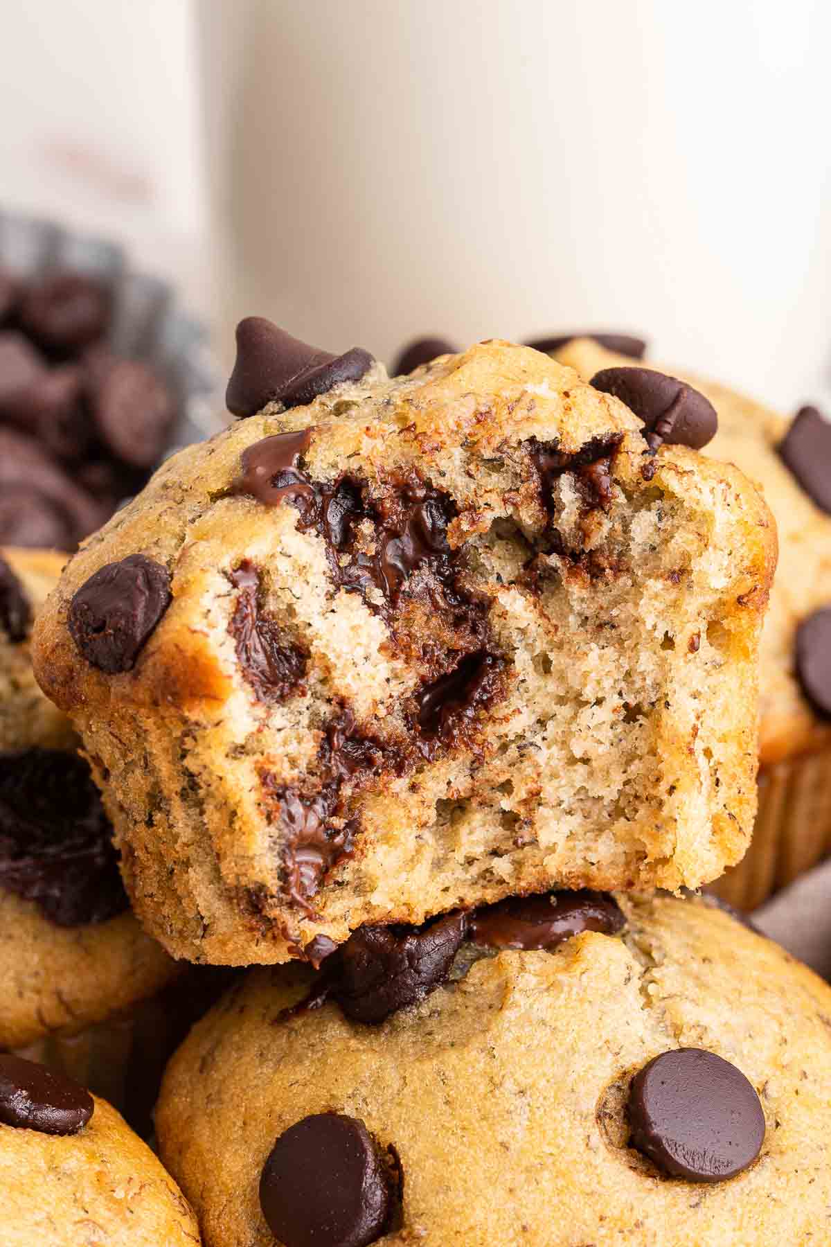 Close up shot of inside of chocolate chip banana muffins.
