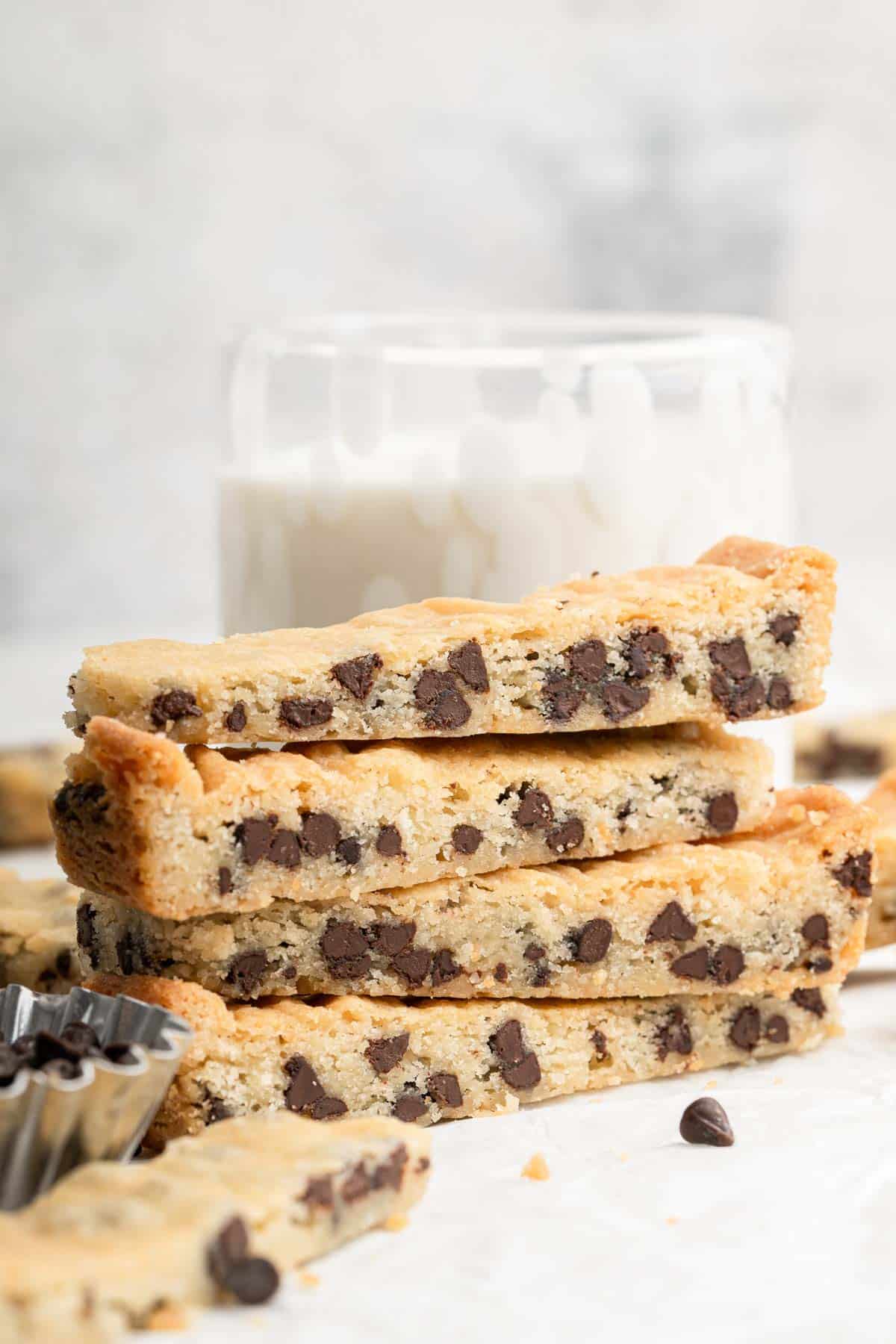 Stack of chocolate chip shortbread cookies in sticks or bars.