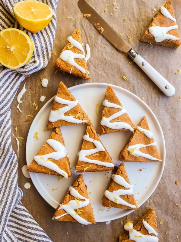 Gingerbread Blondies with Lemon Glaze cut into triangles to make Christmas trees.