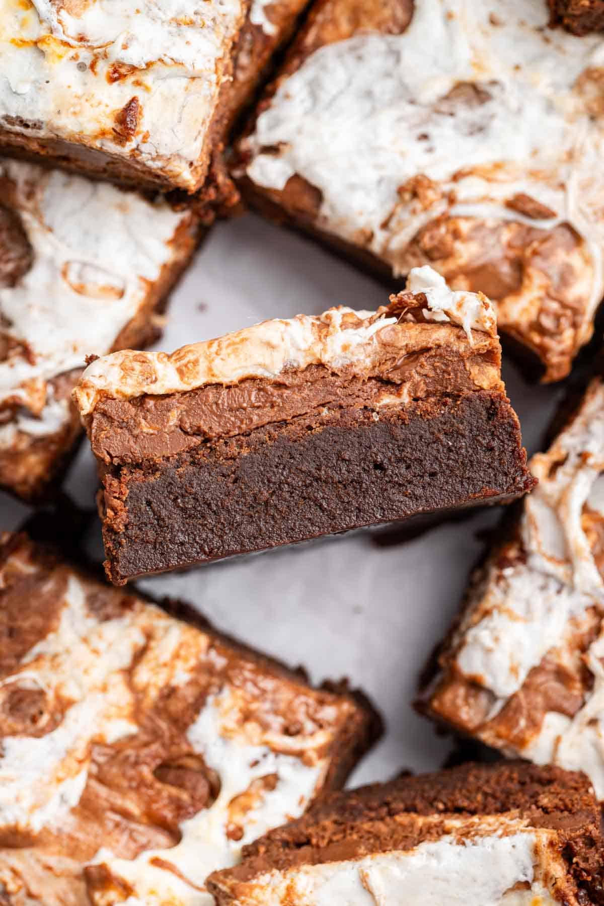 Marshmallow brownies with swirled frosting.