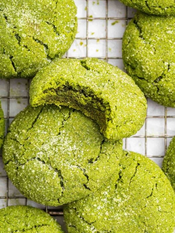 Close up of matcha green tea cookies sprinkled with sugar.
