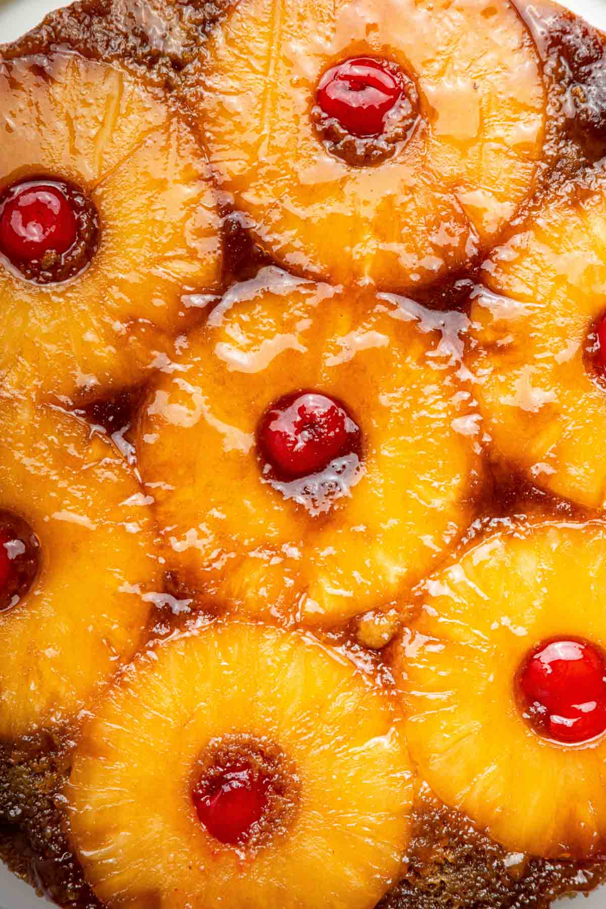 Close up of upside down pineapple cake toppings.