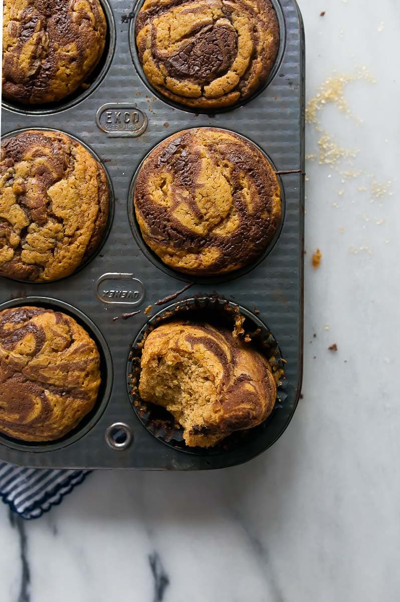 A small batch of pumpkin muffins with Nutella swirl