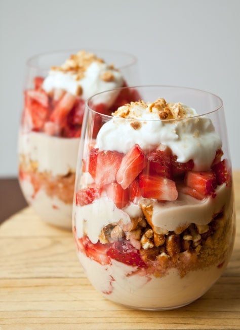 Strawberry Pretzel Parfait, the classic strawberry pretzel salad recipe as a parfait.