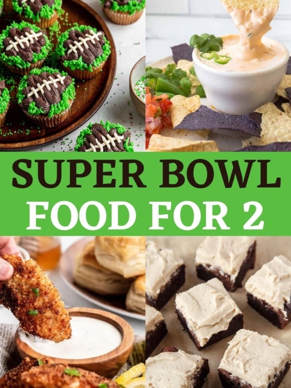 Four part image of super bowl party food.
