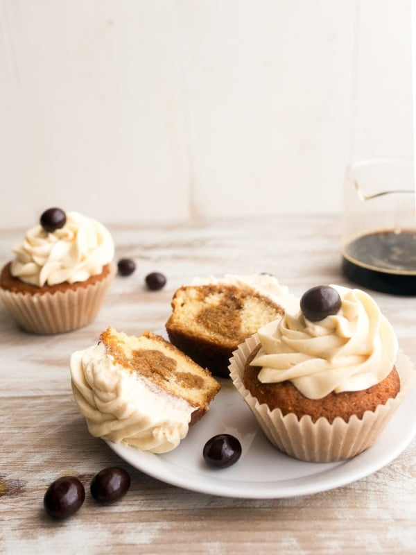 Tiramisu Cupcakes for Two, small batch style. Recipe makes 4 cupcakes. Vanilla cupcakes with espresso-Kahlua soak and mascarpone frosting.